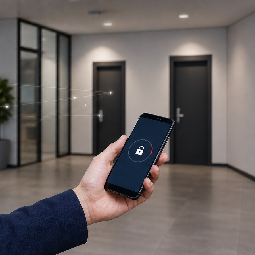 Bürogang mit elektronisch gesicherten Türen, Zutritt per Smartphone
